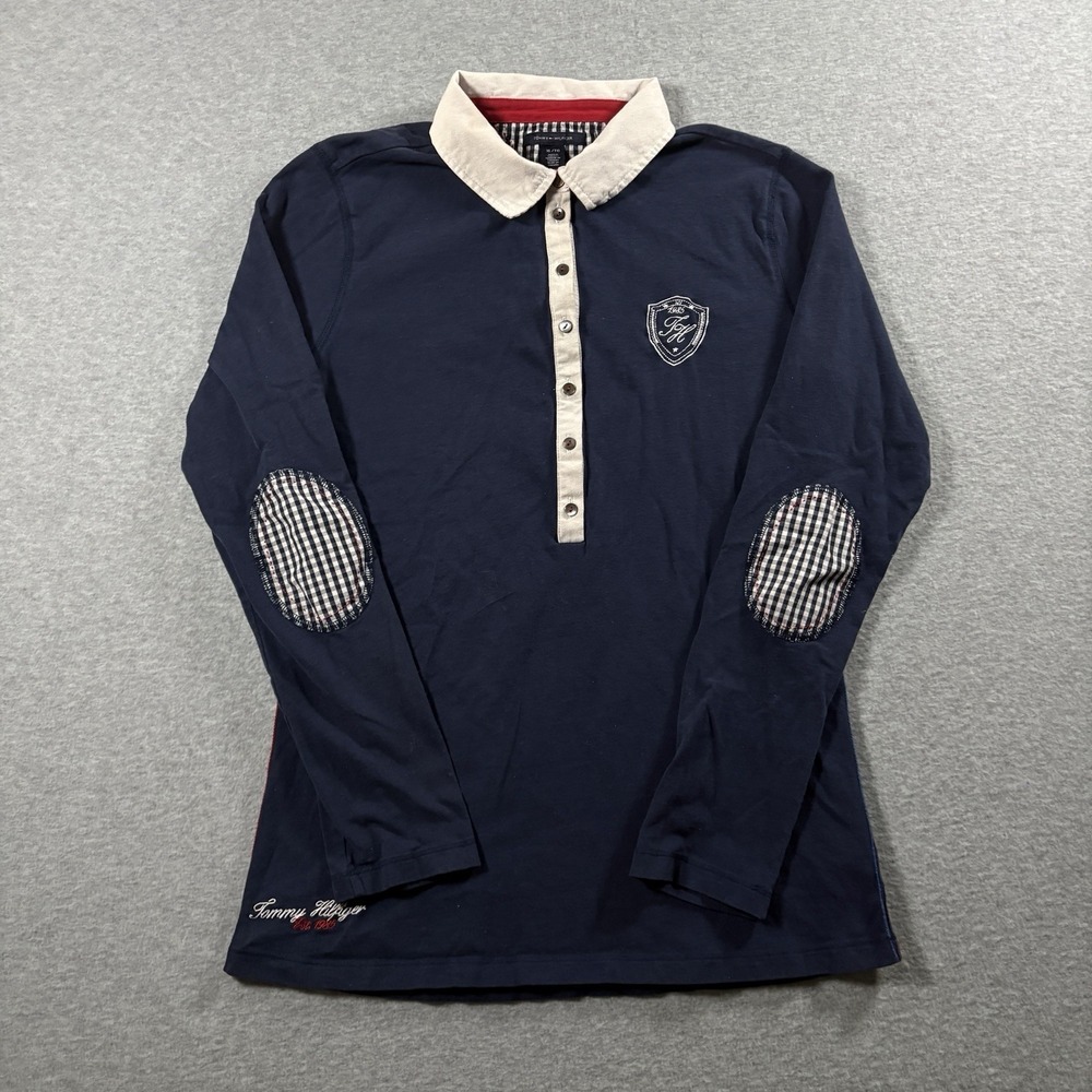 2000s Tommy Hilfiger Long Sleeve Rugby Polo Shirt Women XL Navy Blue Elbow Patch